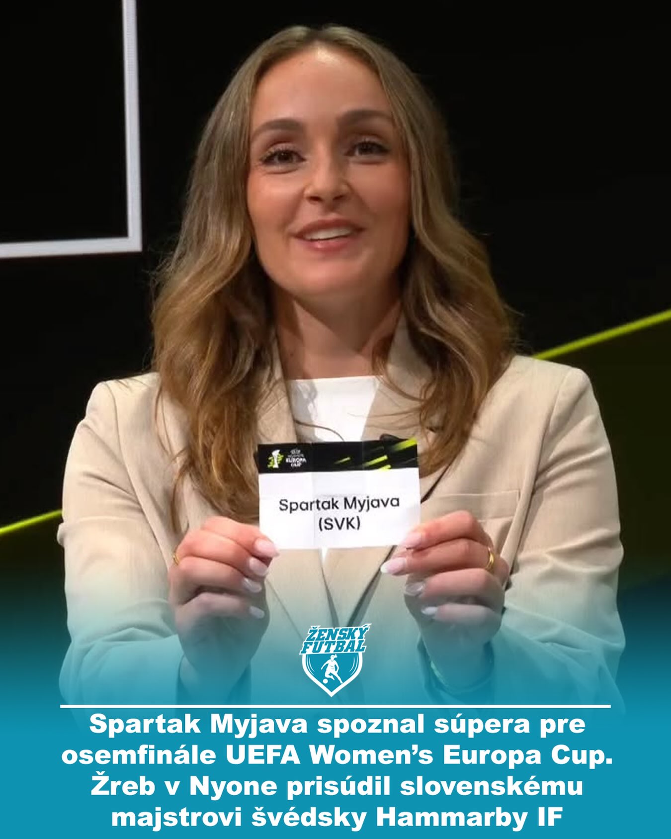 🇸🇰 MYJAVA VYZVE MINULOROČNÉHO FINALISTU! 🔥

Spartak Myjava spoznal súpera pre osemfinále UEFA Women’s Europa Cup. Žreb v Nyone prisúdil slovenskému majstrovi švédsky Hammarby IF 🇸🇪🏆

Myjavčanky už samotným postupom prepísali históriu - stali sa prvým slovenským klubom, ktorý sa prebojoval medzi 16 najlepších tímov v niektorej zo ženských klubových súťaží UEFA. V predchádzajúcom kole vyradili grécky PAOK po výhre 3:2 vonku a remíze 1:1 doma 👏

Teraz však príde ešte väčšia skúška.

Hammarby:
🇸🇪 je dvojnásobným švédskym majstrom
🥈 v minulej sezóne postúpilo až do finále prvého ročníka UEFA Women’s Europa Cup, kde nestačilo na Häcken
📊 v klubovom rebríčku UEFA po sezóne 2025/26 figurovalo na 17. mieste, Myjava na 68.

📅 1. zápas: 28./29. októbra - Myjava
📅 odveta: 10./11. novembra - Švédsko

A poznáme už aj ďalšiu časť pavúka. Ak Myjava cez Hammarby postúpi, vo štvrťfinále ju čaká víťaz dvojice Ajax vs. Malmö FF

Dokáže Myjava pridať k historickému postupu ďalšiu európsku senzáciu? 🇸🇰🔥

#ZenskyFutbal #SpartakMyjava #WomensEuropaCup #WomensFootball #ZenskyFutbalSK